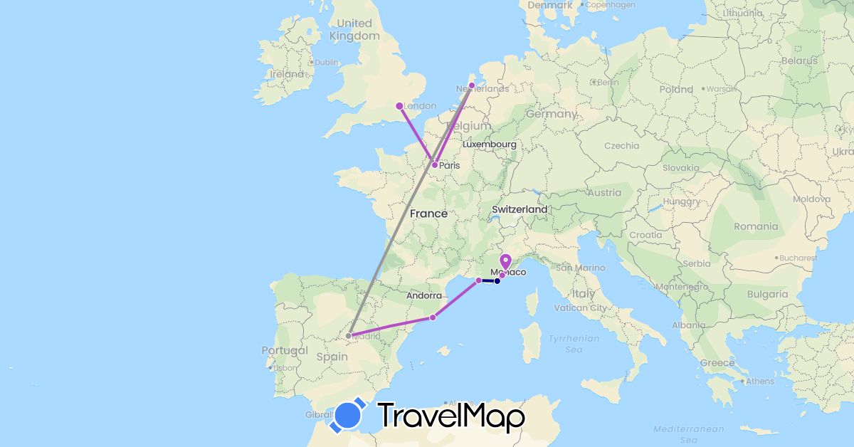 TravelMap itinerary: driving, plane, train in Spain, France, United Kingdom, Netherlands (Europe)